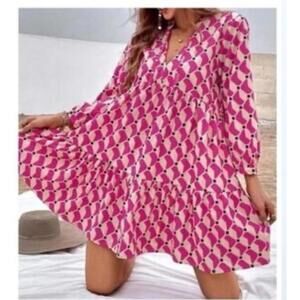 Zara The Cadie Tiered Pink Geometric A-Line Puff Sleeve Dress Medium